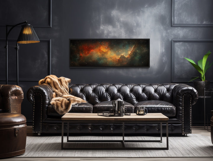 Galaxy Universe Long Narrow Canvas Wall Art in a living room with a couch and a coffee table