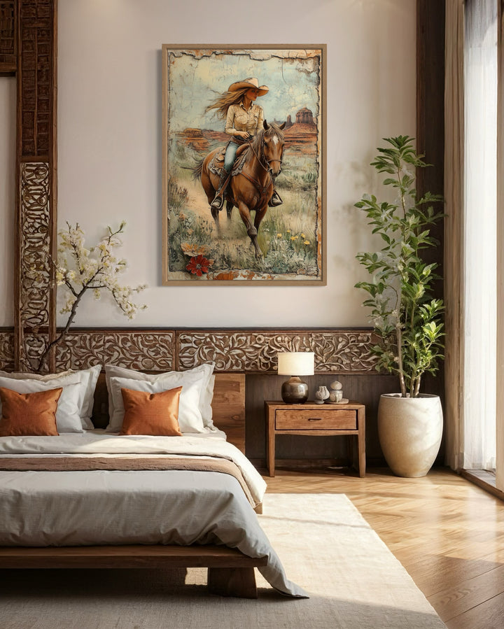 Cowgirl Riding A Horse In The Desert Framed Canvas Wall Art in bedroom