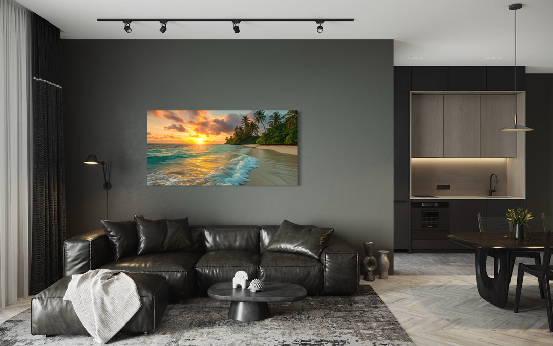 Tropical Beach At Sunset Framed Canvas Wall Art in living room