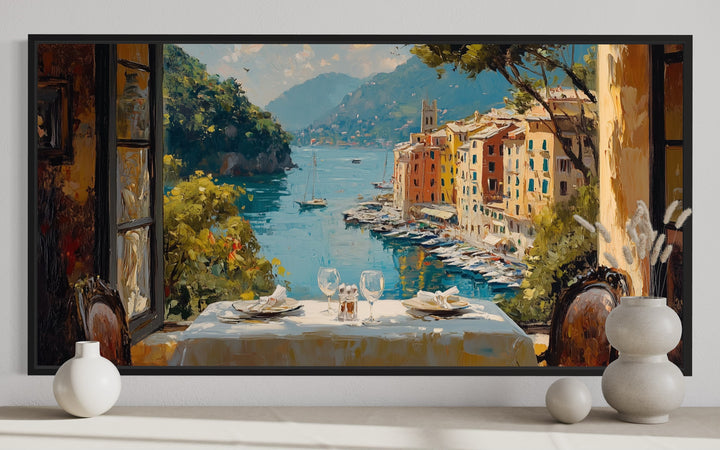 Portofino Window View From Restaurant Framed Canvas Wall Art For Dining Room close up