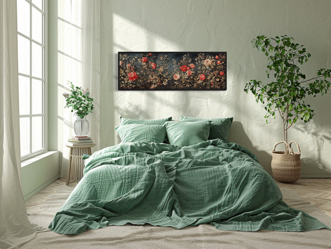 Long Narrow Horizontal Vintage Framed Wall Tapestry On Canvas above green bed