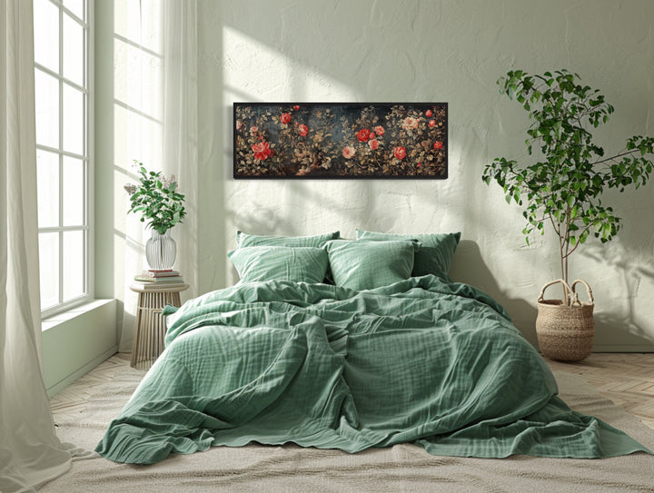 Long Narrow Horizontal Vintage Framed Wall Tapestry On Canvas above green bed