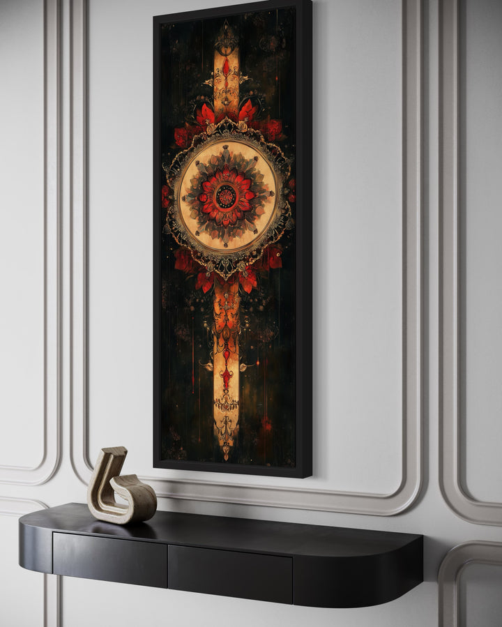 Vertical Narrow Black Beige Red Boho Tapestry Framed Canvas Wall Decor side view