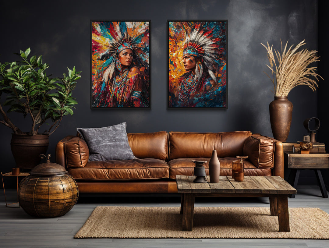 Indigenous Man and Woman Set Of 2 Native American Canvas Wall Art above brown couch