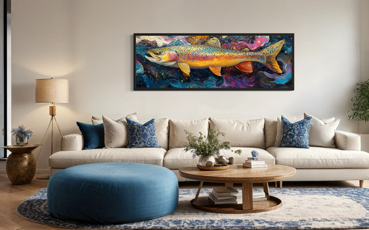 Colorful Rainbow Trout Fish Framed Canvas Wall Art above beige couch