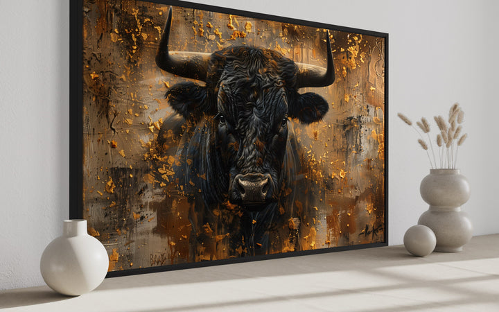 Charging Bull Head on Gold and Black Framed Canvas Wall Art side view