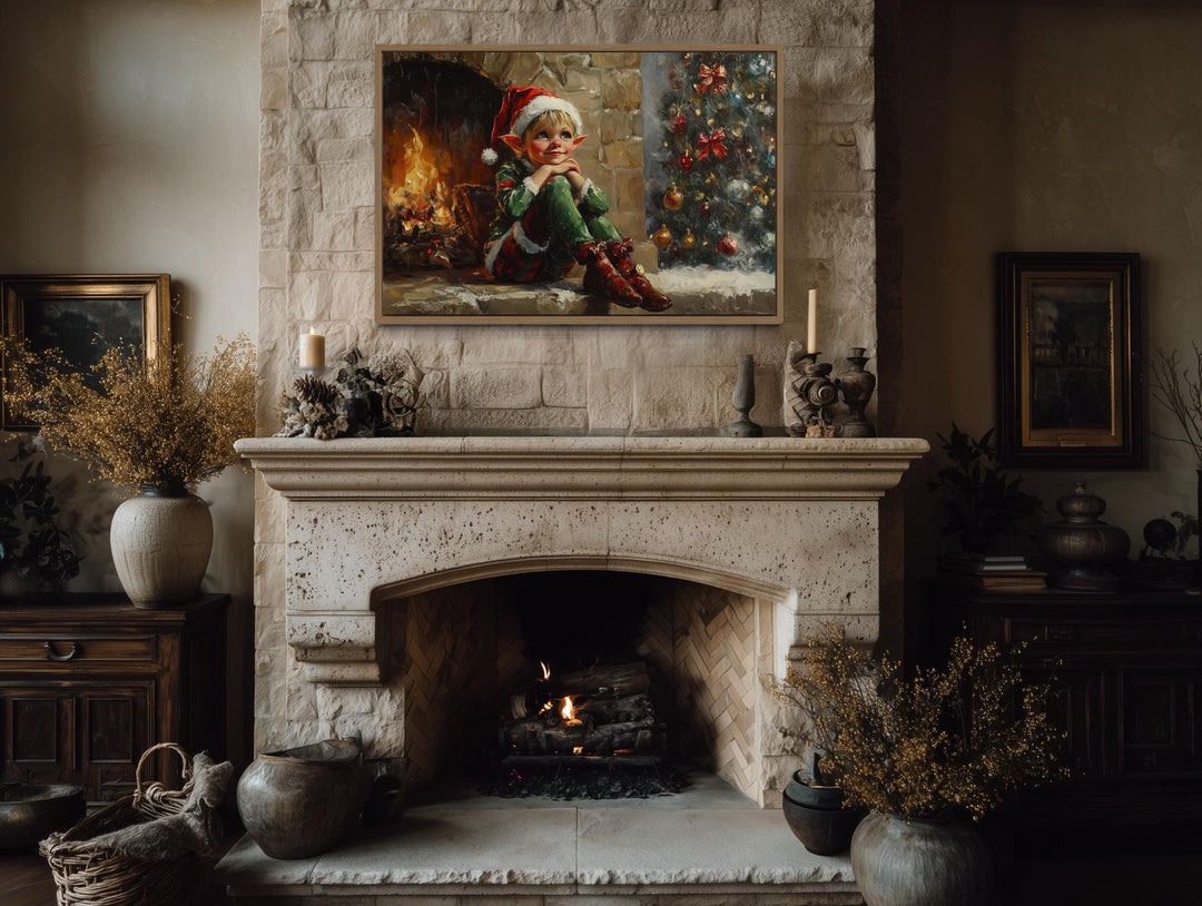 Vintage Christmas Elf by Fireplace Canvas Wall Art