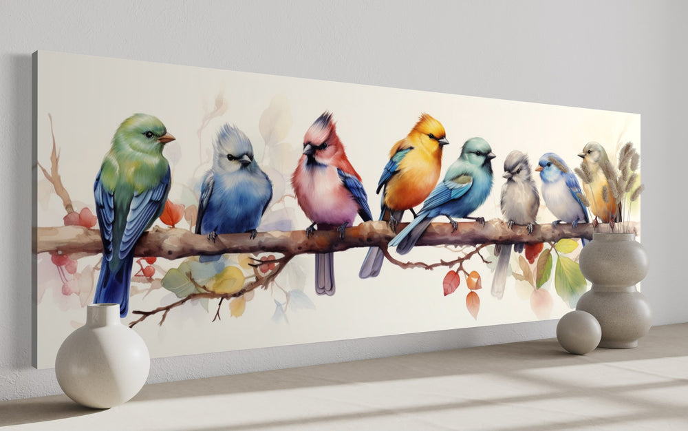 a painting of birds sitting on a branch