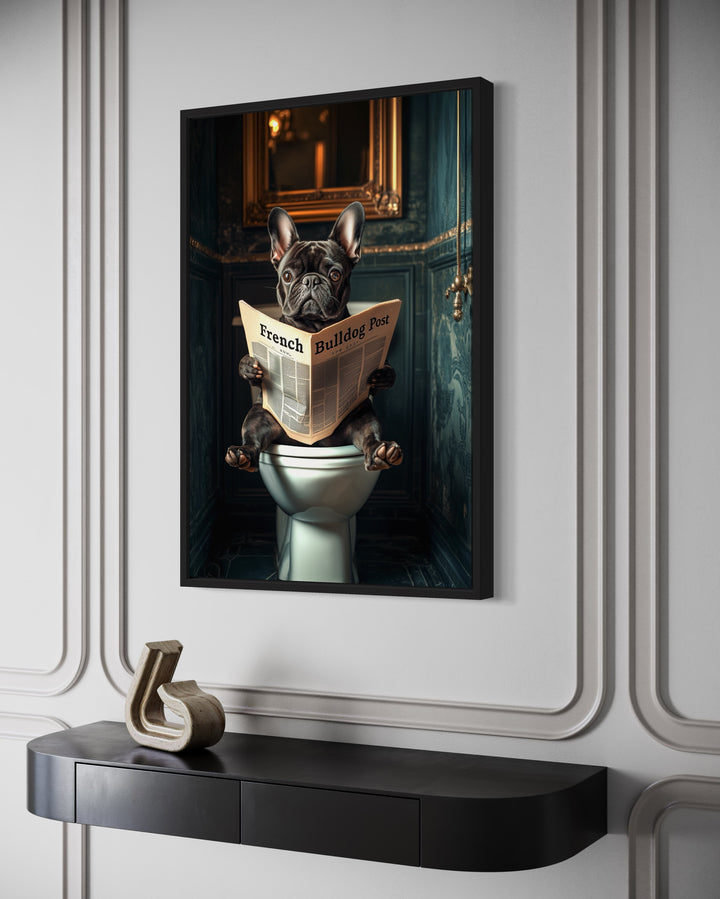 Black French Bulldog On The Toilet Reading Newspaper wall art side view