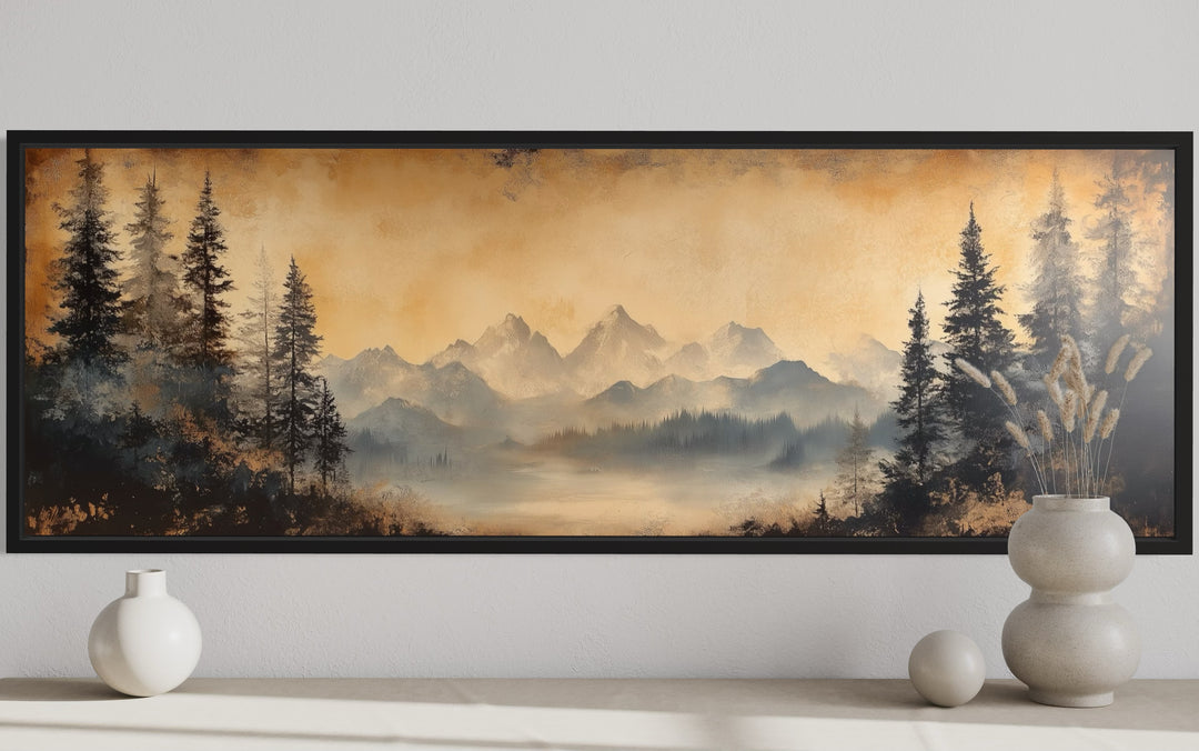 Moody Orange Mountain Lake Landscape Long Horizontal Above Bed Framed Canvas Wall Art close up