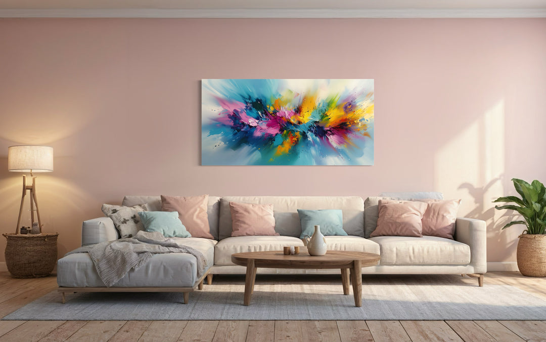 Colorful Abstract Multicolored Bright Living Room Wall Art above pink couch