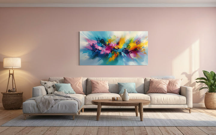 Colorful Abstract Multicolored Bright Living Room Wall Art above pink couch