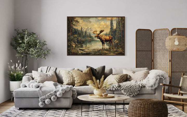 Moose in Mountain Wilderness Vintage Framed Canvas Wall Art