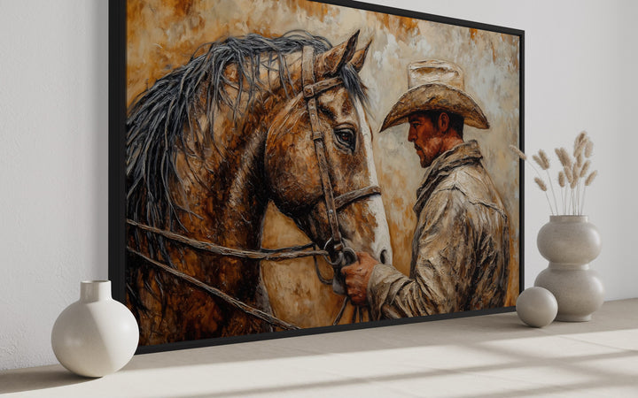 Portrait Of A Cowboy And His Horse Western Framed Canvas Wall Art side view