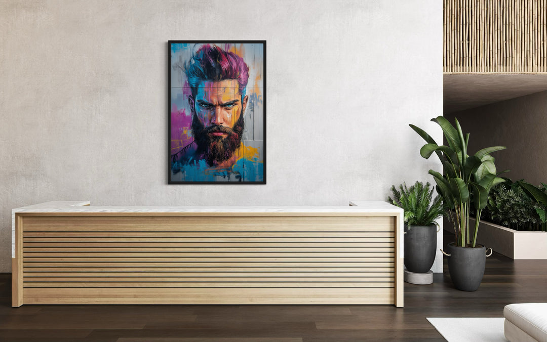 Man With Colorful Hair And Beard Framed Canvas Wall Art in barbershop