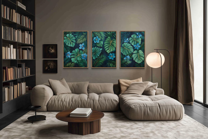 Rainforest Canvas Wall Art – Set of 3 Tropical Botanical Prints | Green Gold Blue