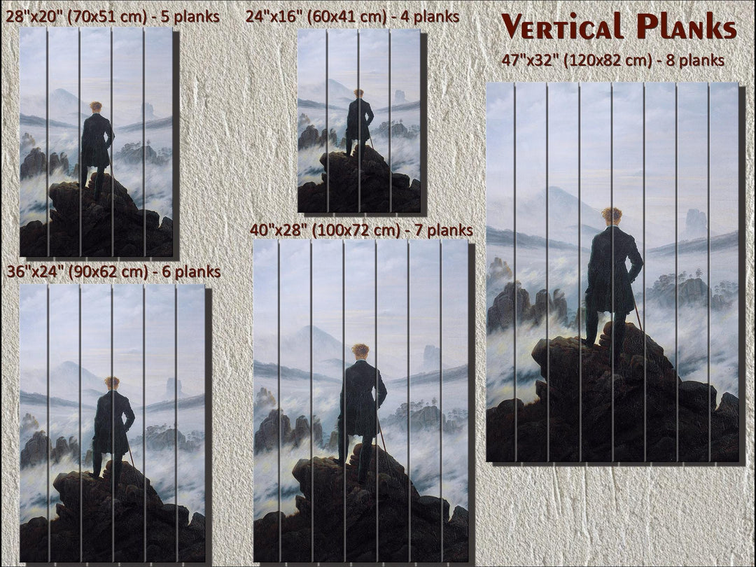 Wanderer Above the Sea of Fog wood wall art in five size options with vertical plank details.