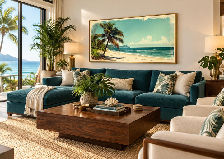 Vintage Style  Tropical Beach With Palm Tree Canvas Wall Art