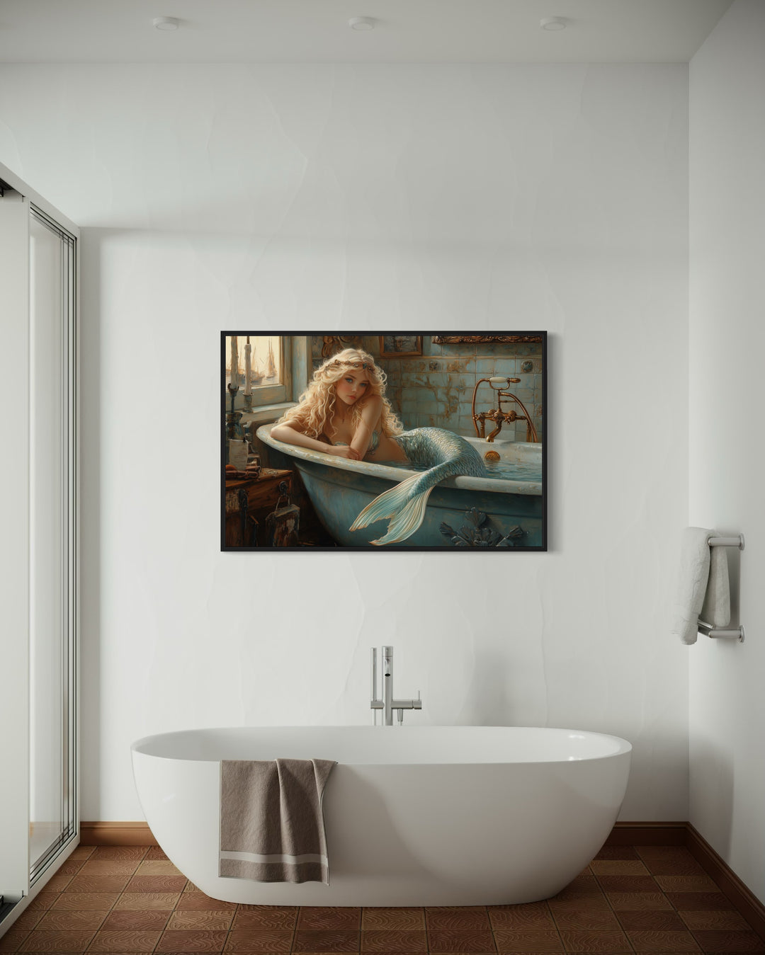 Mermaid in a Bathtub Framed Canvas Wall Art in bathroom