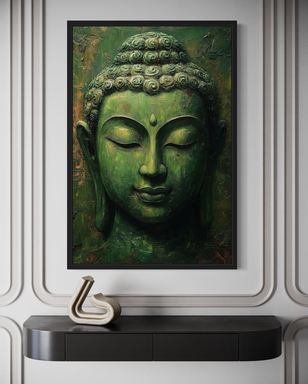 Large Green Buddha Statue Framed Canvas Wall Art close up