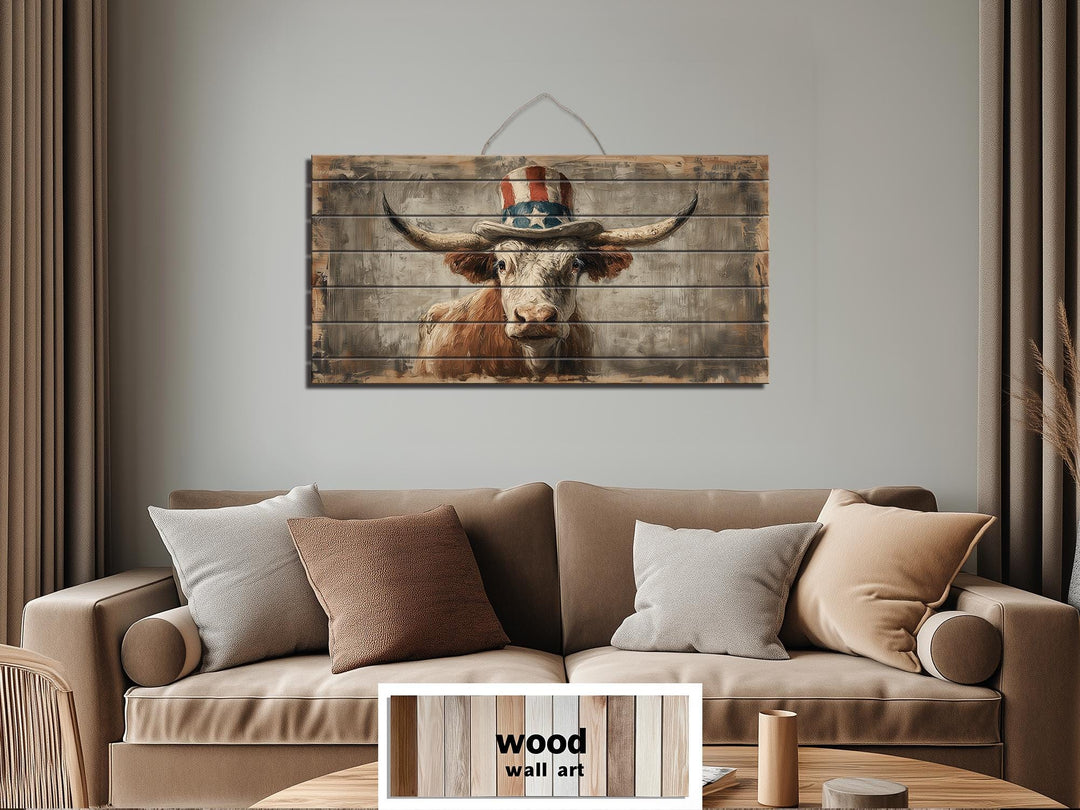 Longhorn Bull Wall Art - Rustic Wood Decor With Uncle Sam Hat | Patriotic Farmhouse