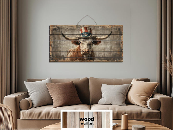 Longhorn Bull Wall Art - Rustic Wood Decor With Uncle Sam Hat | Patriotic Farmhouse