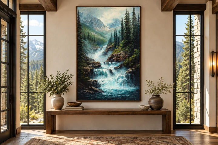 Vertical canvas wall art of a majestic mountain waterfall landscape in a dark wood frame.