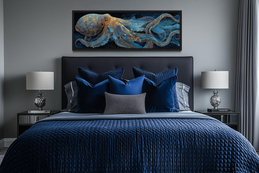 Octopus Horizontal Canvas Wall Art – Nautical Blue Ocean Decor | Coastal Living Room Art
