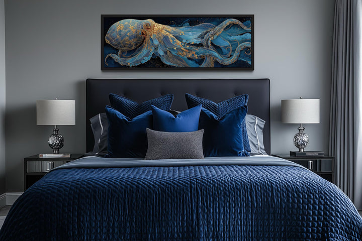 Octopus Horizontal Canvas Wall Art – Nautical Blue Ocean Decor | Coastal Living Room Art