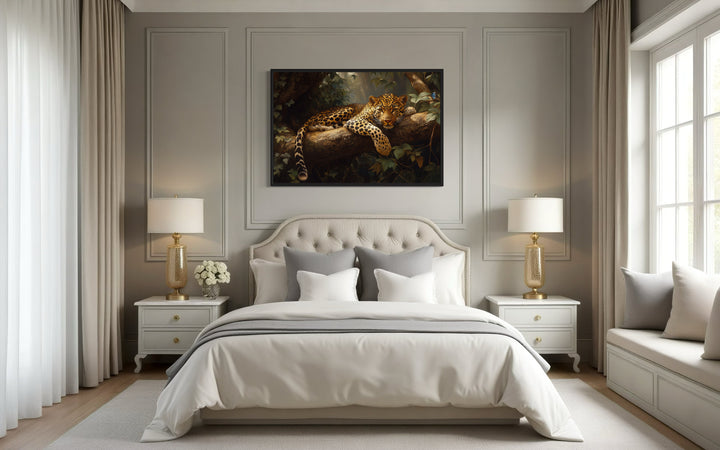 a bedroom with a large bed and a painting on the wall