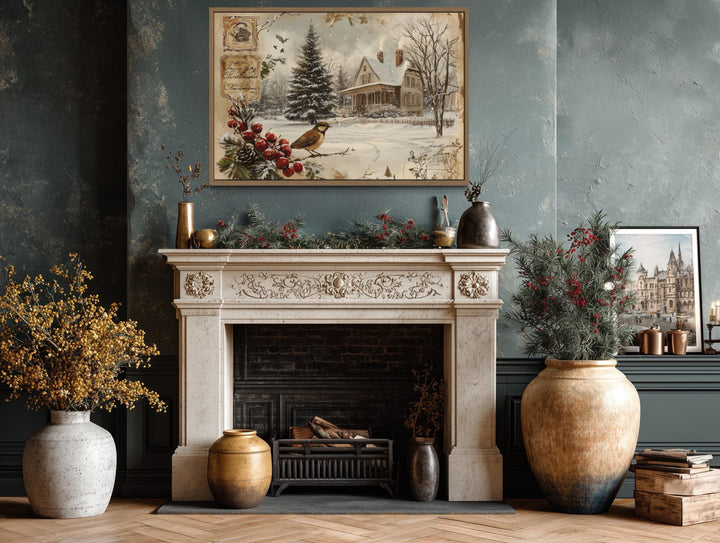 Vintage Christmas Postcard And Winter Bird and House Canvas Wall Art