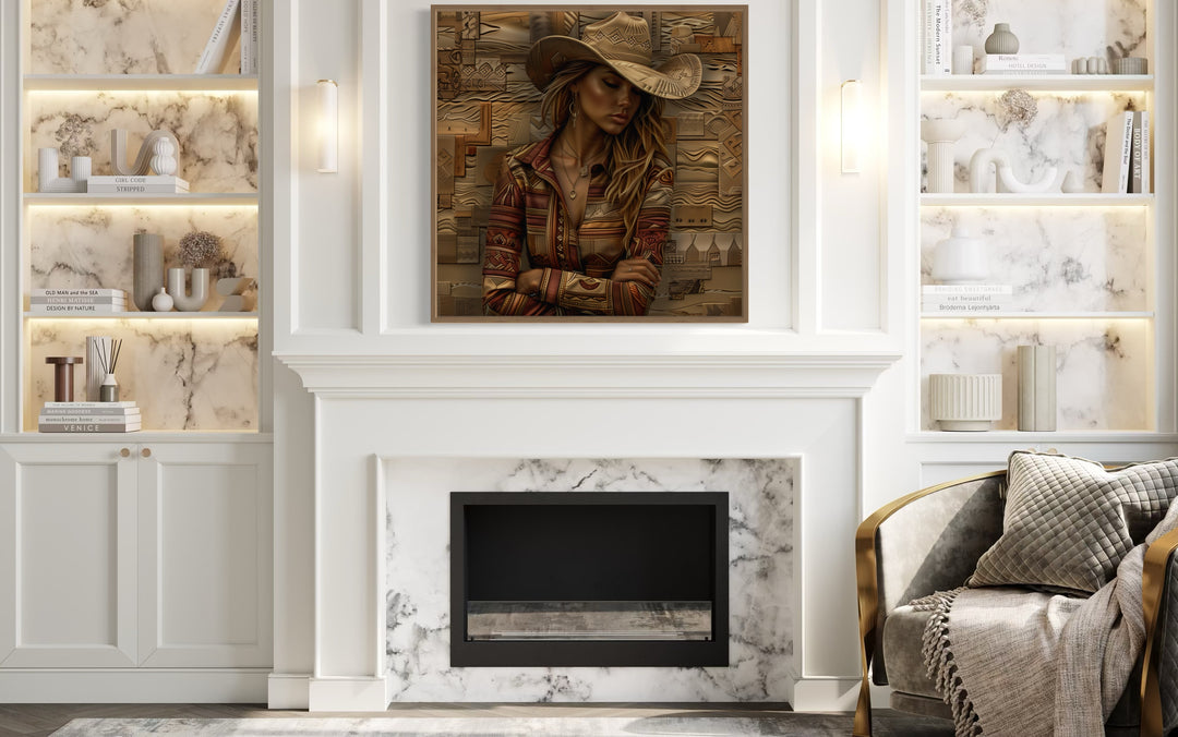 Cowgirl Portrait In Hat Framed Canvas Wall Art above fireplace