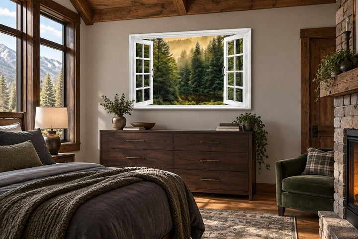 Fake window wall art showing a foggy pine tree forest view in a rustic bedroom setting.