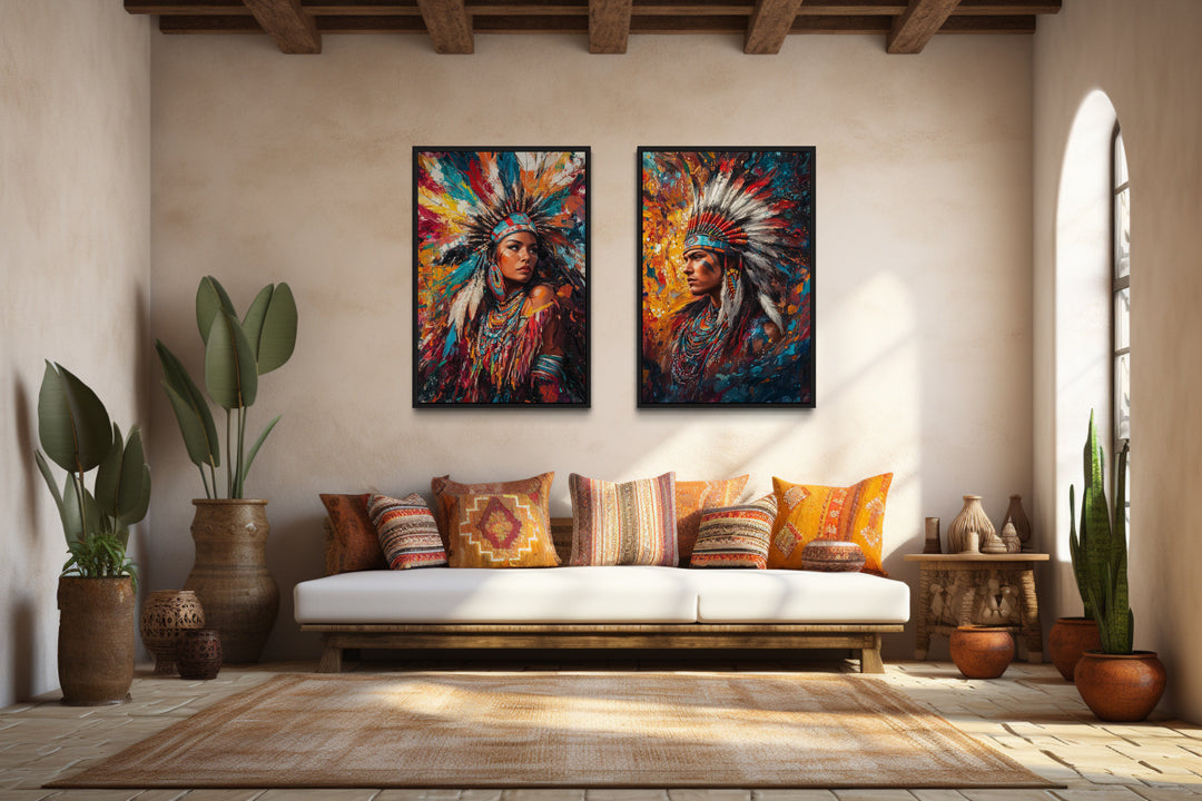 Indigenous Man and Woman Set Of 2 Native American Canvas Wall Art in beige living room