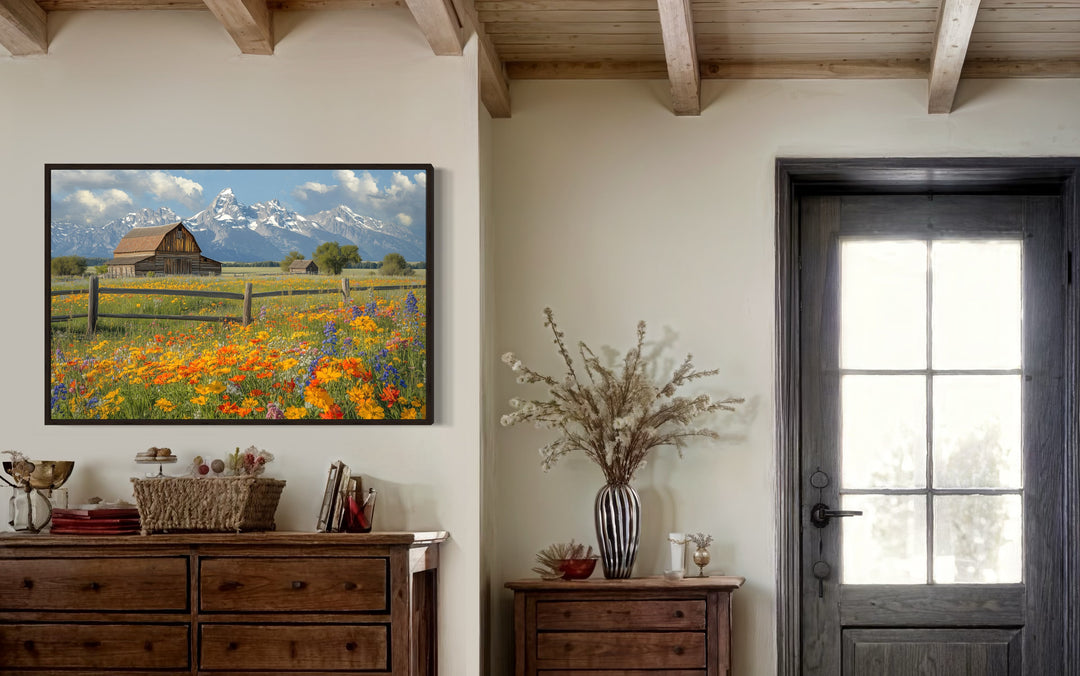 Pretty Old Barn In Spring's Floral Landscape Framed Canvas Wall Decor in a room with a dresser