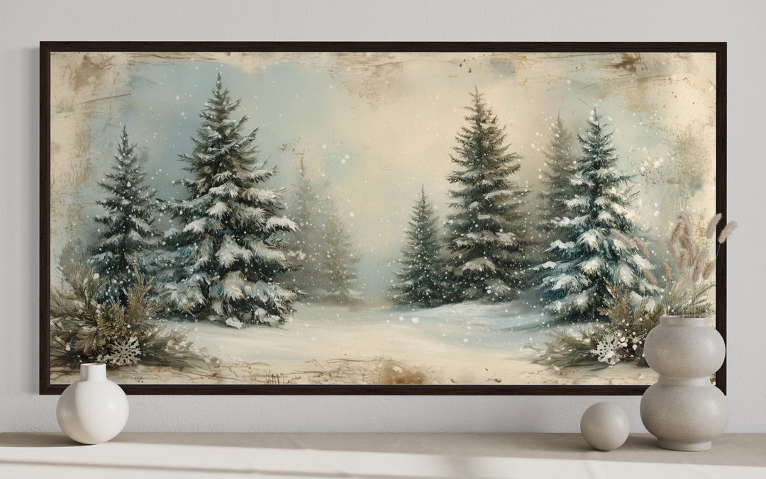 a painting of a snowy scene with evergreen trees