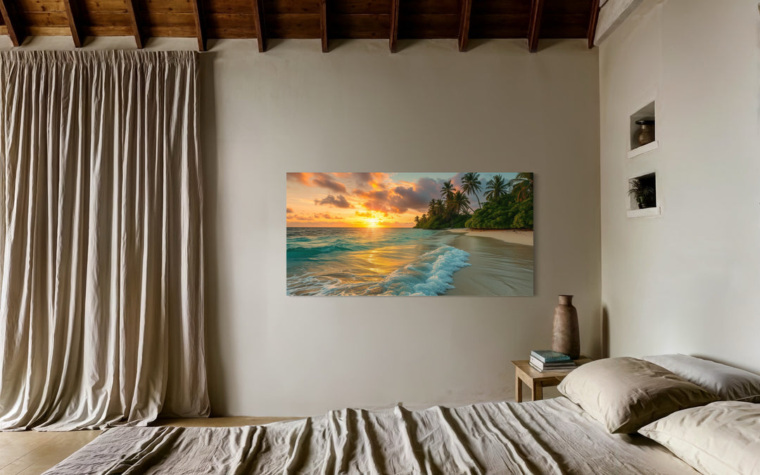 Tropical Beach At Sunset Framed Canvas Wall Art in bedroom