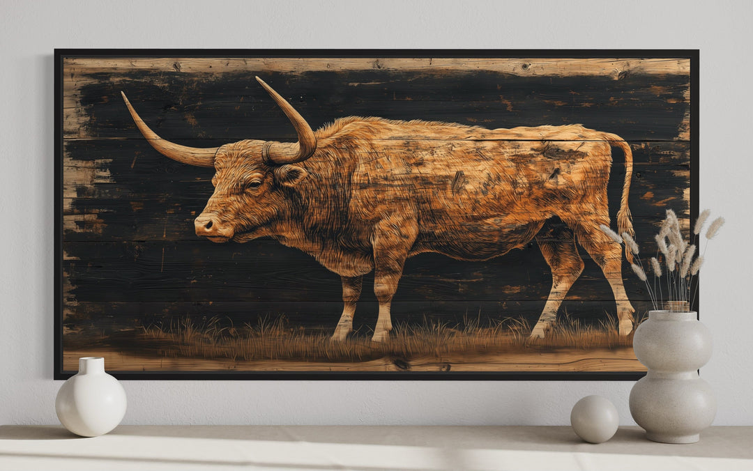 Brown Texas Longhorn Cow Painted On Black Rustic Framed Canvas Wall Art close up