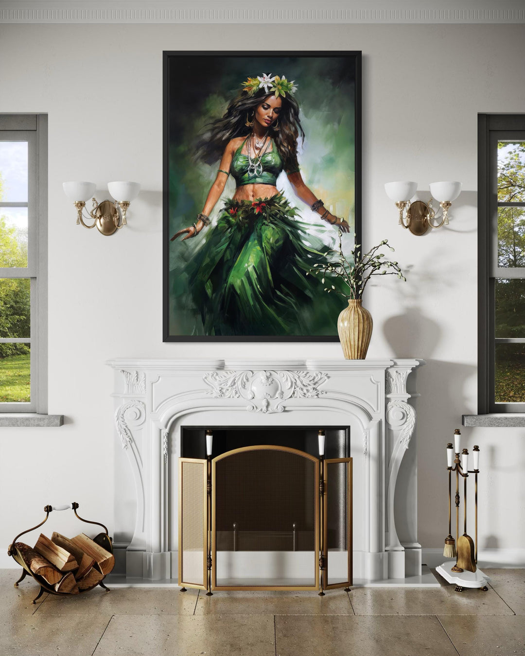 A vertical canvas print of a Hawaiian hula dancer in a green dress hangs above a white fireplace.