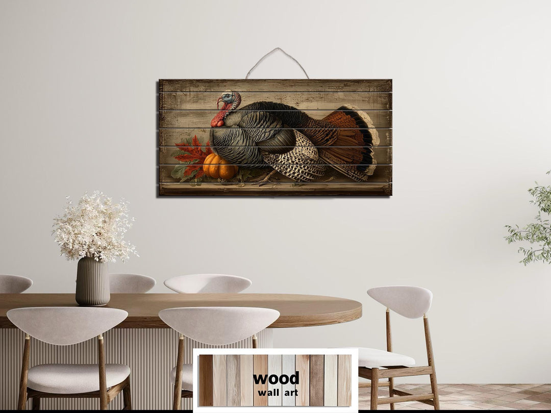 Rustic Thanksgiving Turkey With Pumpkins Distressed Wood Wall Art