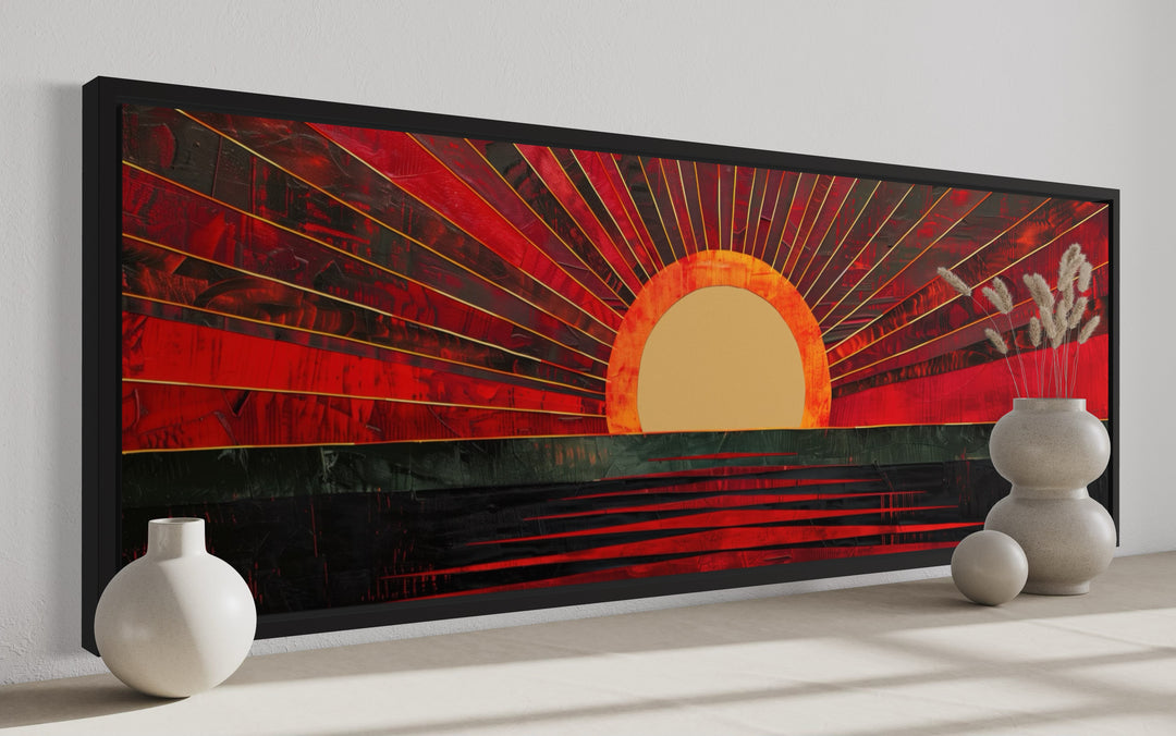 Mid Century Modern Black Red Long Horizontal Sun Wall Art side view