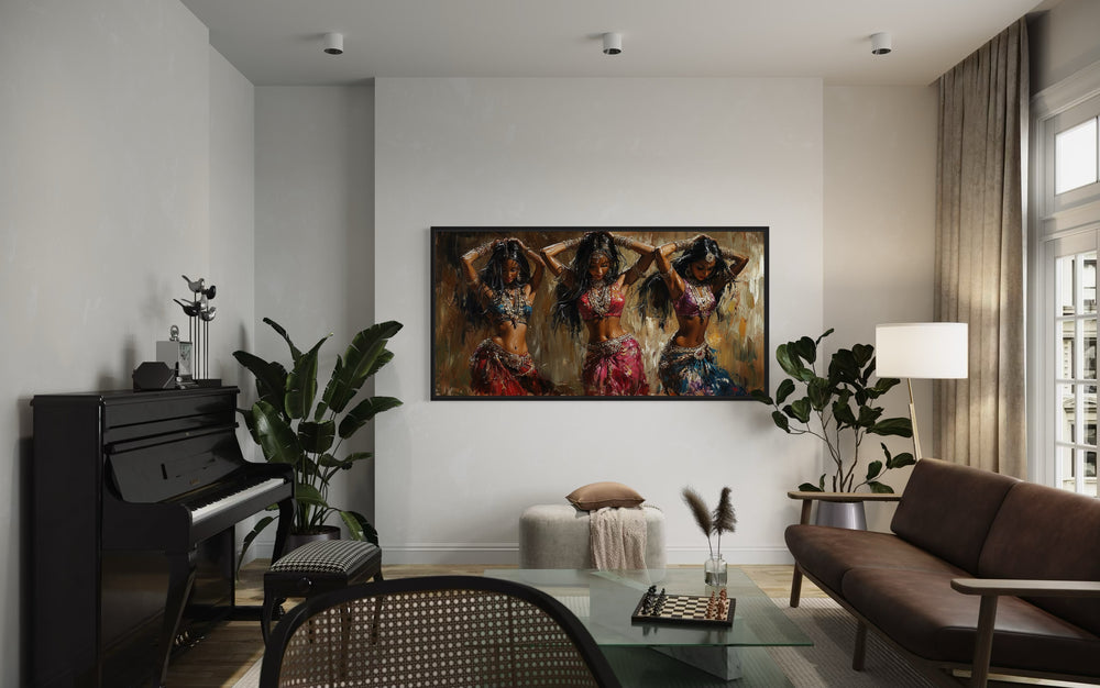 Three Indian Belly Dancers Framed Canvas Wall Art in a living room filled with furniture and a piano