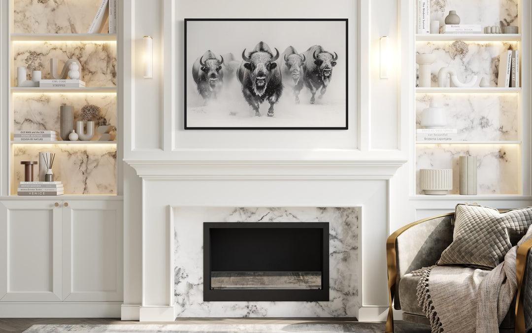 Herd Of Running Bisons In Snow Black White Framed Canvas Wall Art above fireplace mantel