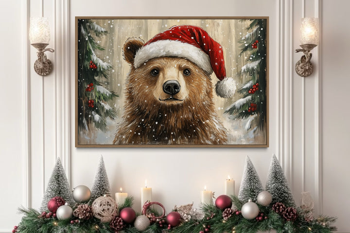 Christmas Bear In Santa's Hat Framed Canvas Wall Art