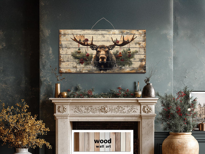 Rustic Christmas Moose With Ornaments Distressed Wood Wall Art