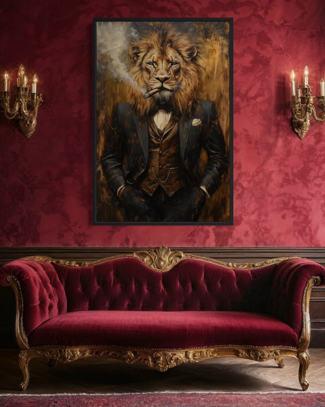 Regal Lion In Suit Smoking Cigar Canvas Wall Art For Men in red room