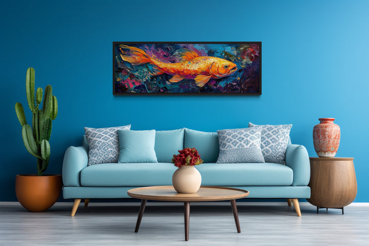 Colorful Abstract Goldfish Long Horizontal Framed Canvas Wall Art in blue room