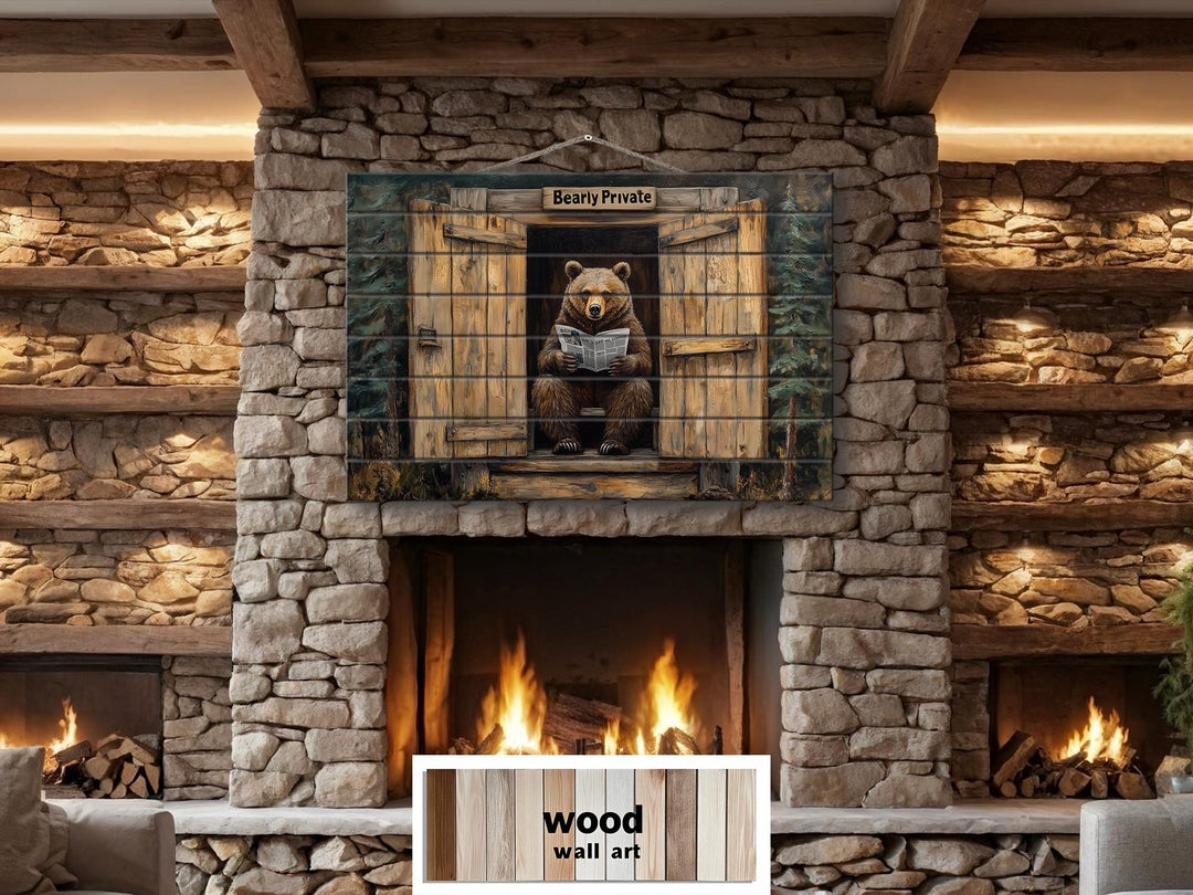Funny Bear In Outhouse Distressed Wood Wall Art