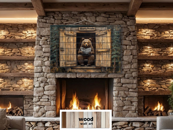Funny Bear In Outhouse Distressed Wood Wall Art