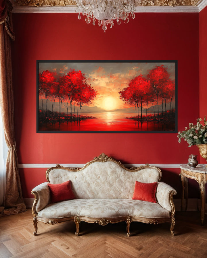 Red Trees At Sunrise Framed Canvas Wall Art For Red Walls in a living room with a couch